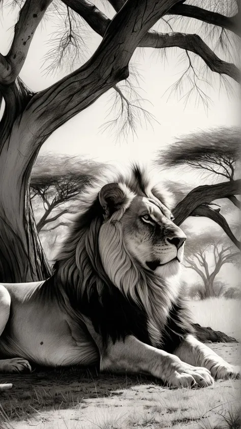 A detailed charcoal drawing of a lion resting in the shade of an acacia tree in the African savannah, its powerful form and regal presence emphasized through rich textures and deep contrasts. 
,masterpiece, best quality, creative artwork, trending on artstation,