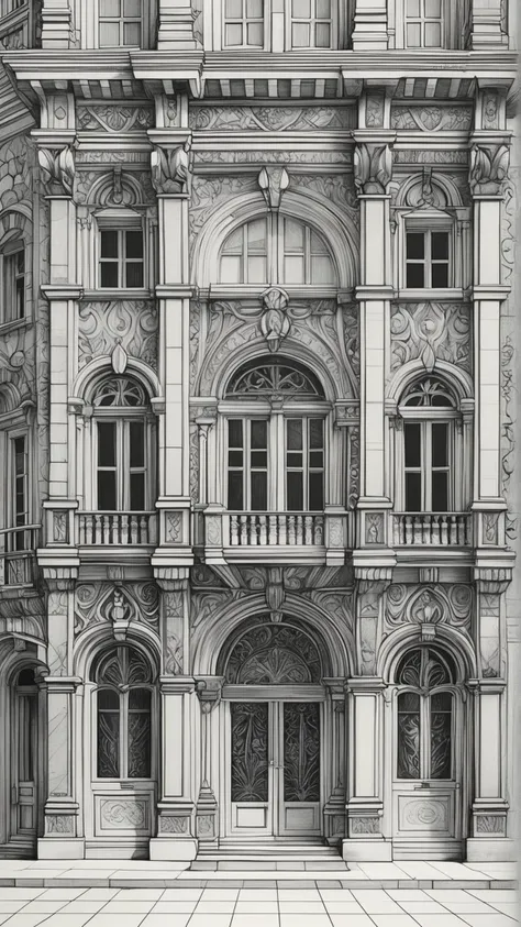 pencil sketch, highly detailed, architectural drawing, intricate building facade, ornate details, precise lines, historical structure, artistic shading, monochromatic, capturing the essence of the architecture