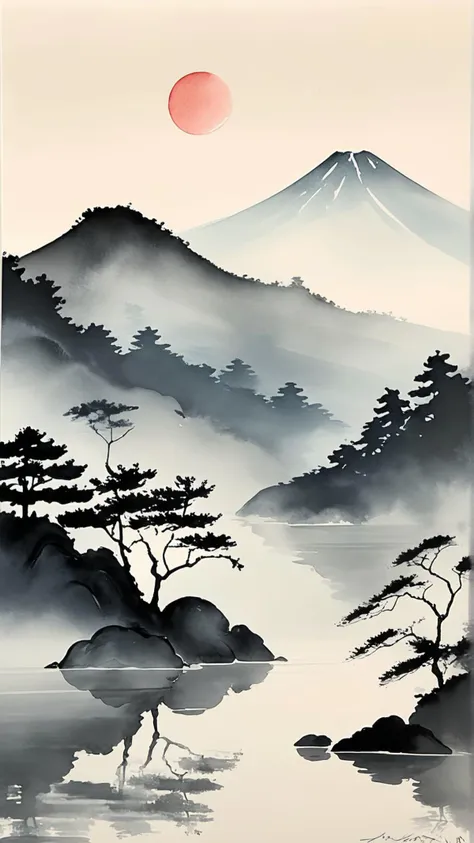 traditional Japanese ink painting, serene landscape, minimalist brushstrokes, tranquil scene, nature elements, soft gradients, cultural heritage, artistic simplicity, harmony and balance