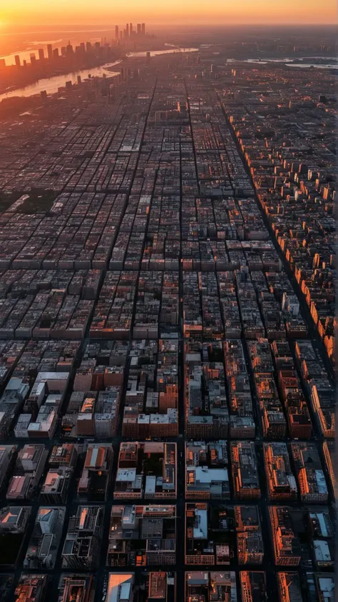 aerial photography, sprawling cityscape, sunset hues, intricate grid patterns, dynamic perspective, high vantage point, capturing urban life, contrasts of light and shadow, vibrant and expansive