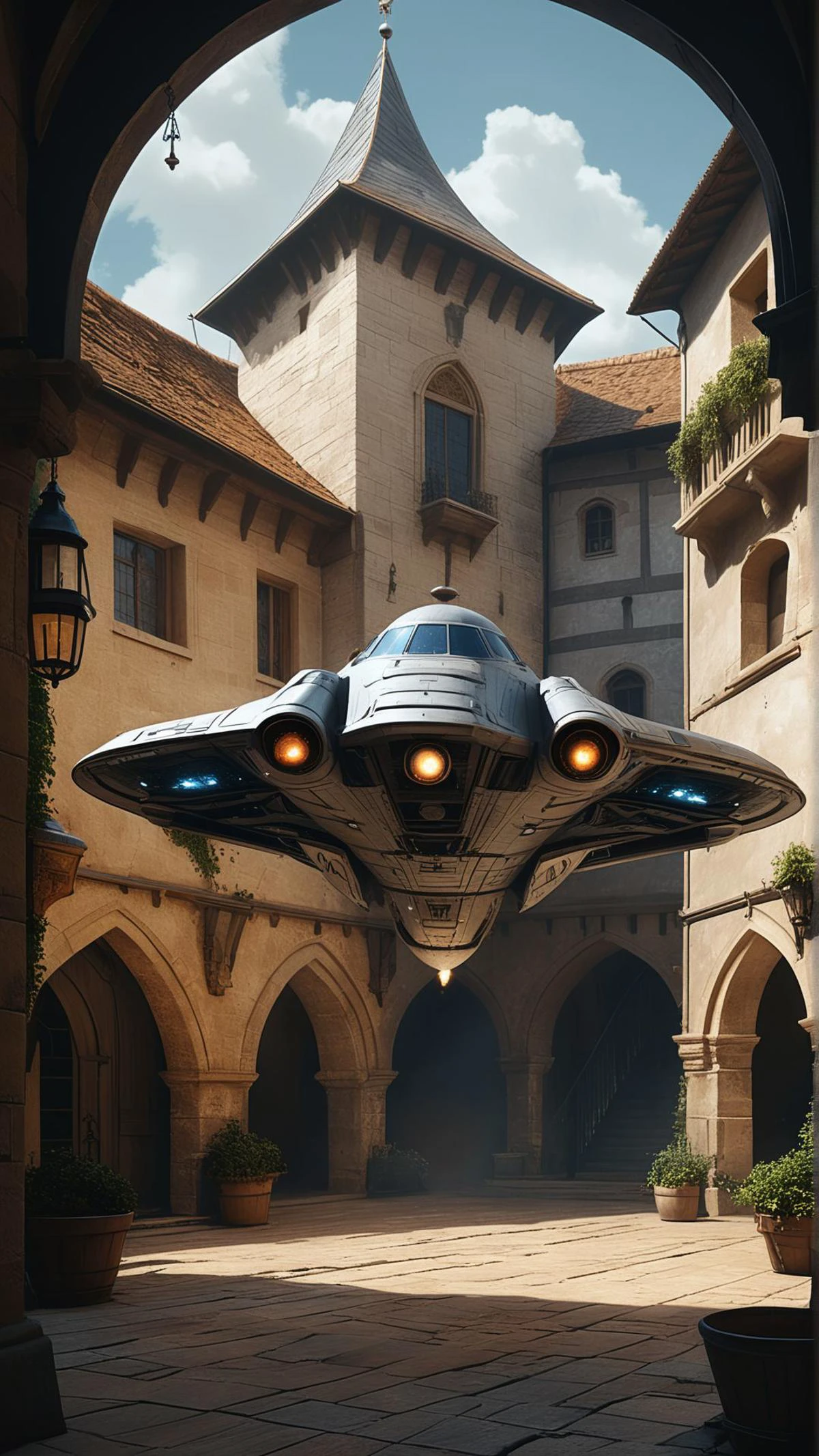 A spaceship landing in a medieval courtyard.
,masterpiece, best quality, creative artwork, trending on artstation,