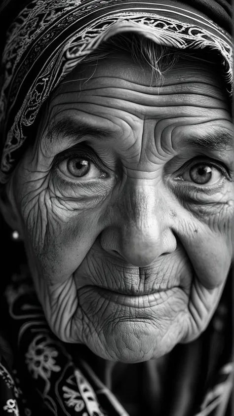 black and white portrait, close-up of an elderly woman with deep wrinkles and piercing eyes, weathered skin telling stories of a lifetime, traditional attire with an intricate headscarf, soft light highlighting every detail, high contrast creating deep shadows, capturing the essence of wisdom and experience, evocative and powerful