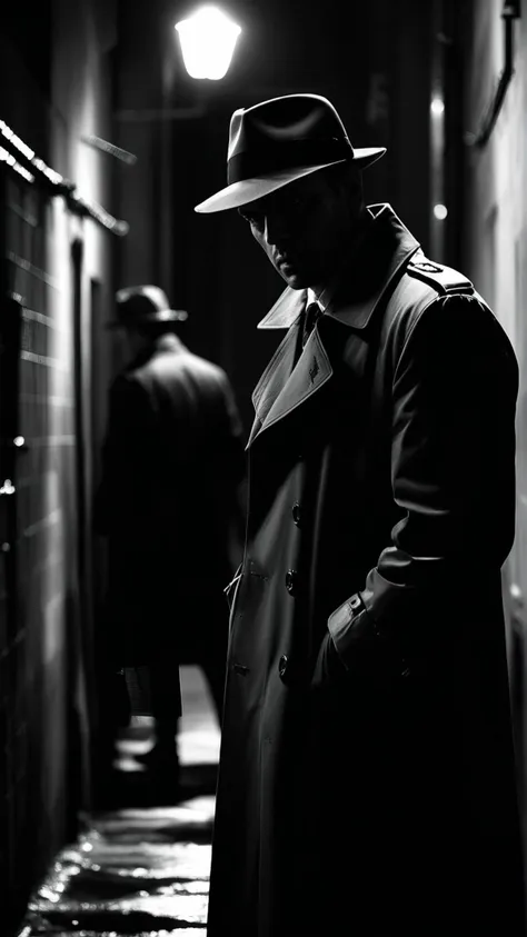 cinematic still, high contrast, noir film style, detective in trench coat, shadowy alley, moody lighting, tense atmosphere, black and white, dramatic storytelling, visual depth and mystery