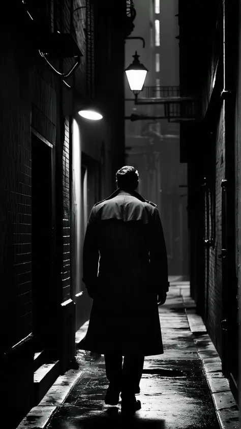 cinematic still, high contrast, noir film style, detective in trench coat, shadowy alley, moody lighting, tense atmosphere, black and white, dramatic storytelling, visual depth and mystery