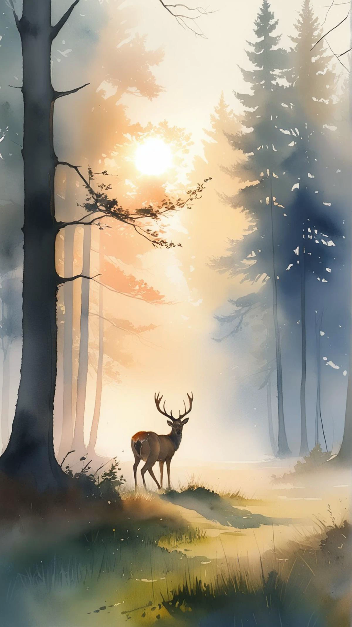 A serene watercolor painting of a quiet forest clearing at dawn, with mist rising from the ground, deer grazing peacefully, and the first rays of sunlight filtering through the trees, capturing the beauty and tranquility of nature.
,masterpiece, best quality, creative artwork, trending on artstation,