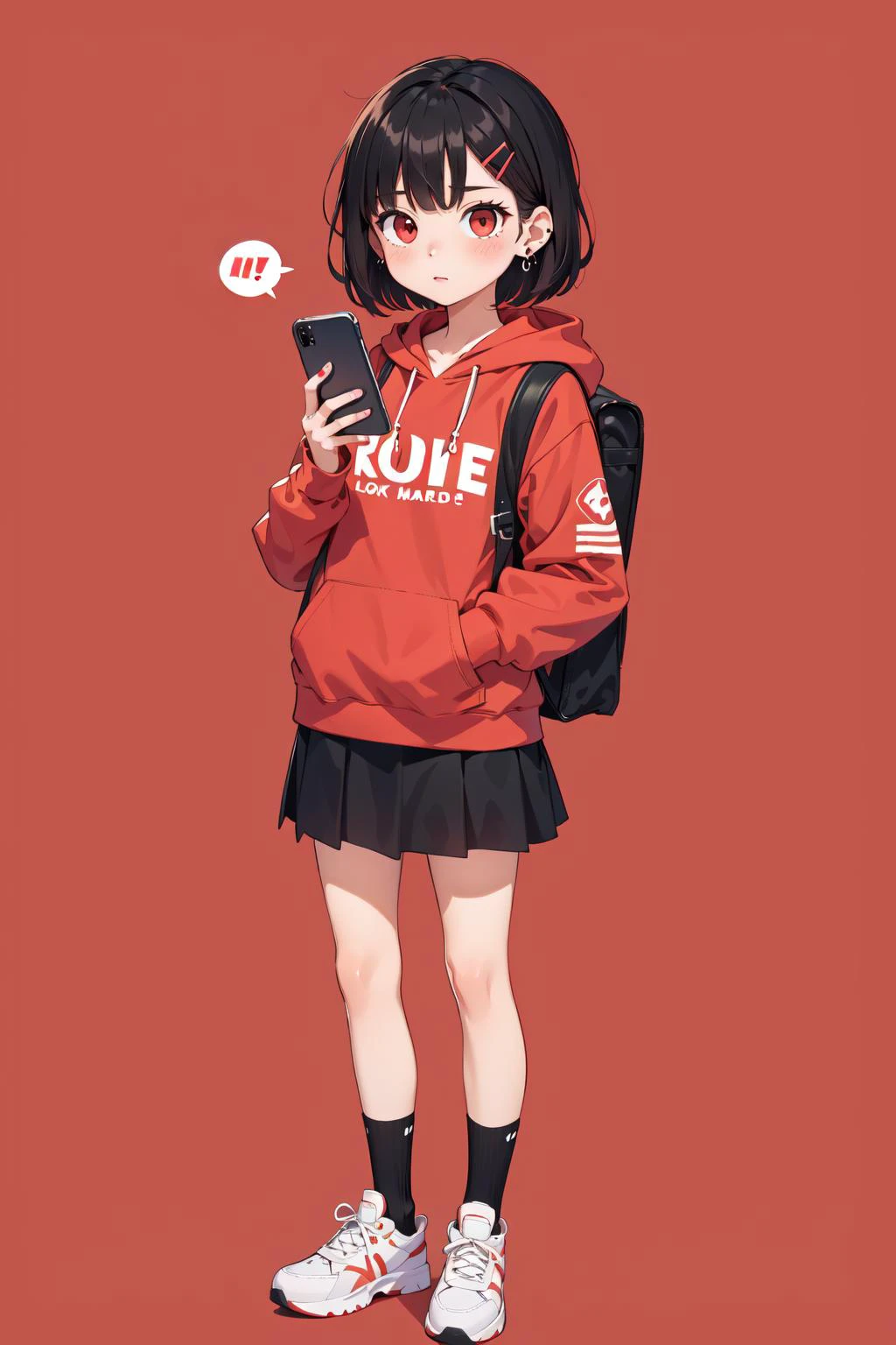 1girl,red eyes,red background,hood,backpack,cat,red hoodie,drawstring,black hair,shoes,hood down,hoodie,long sleeves,solo,bag,holding,hair ornament,english text,socks,earrings,white footwear,bangs,looking at viewer,jewelry,sneakers,phone,standing,blush,full body,skirt,medium hair,black socks,hairclip,red theme,speech bubble,holding phone,closed mouth,cellphone,sleeves past wrists,animal,short hair,simple background,black skirt,romaji text,