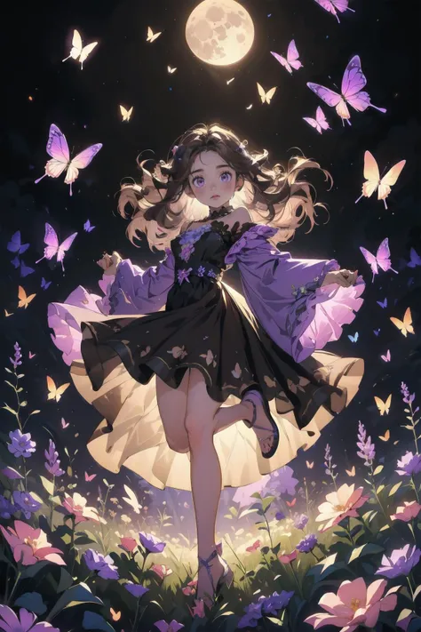 highres, masterpiece, perfect lighting, bloom, cinematic lighting, young adult, female, 1girl, moon light, solo, Rose hair, long hair, nature, (Caramel Highlights on Dark Brown dress:1.3), colorful Yellow flowers, (flowers:1.2), butterfly style, wide sleeves, wide skirt, (Pastel Purple butterfly:1.2),
<lora:butterfly:0.75>, full shot, Balancing on one foot, the other foot lifted