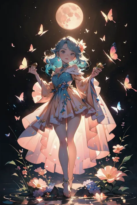 highres, masterpiece, perfect lighting, bloom, cinematic lighting, young adult, female, 1girl, moon light, solo, Sapphire hair, long hair, nature, (Champagne dress:1.3), colorful Avocado flowers, (flowers:1.2), butterfly style, wide sleeves, wide skirt, (Pastel Peach butterfly:1.2),
<lora:butterfly:0.75>, full shot, Balancing on one foot, the other foot lifted