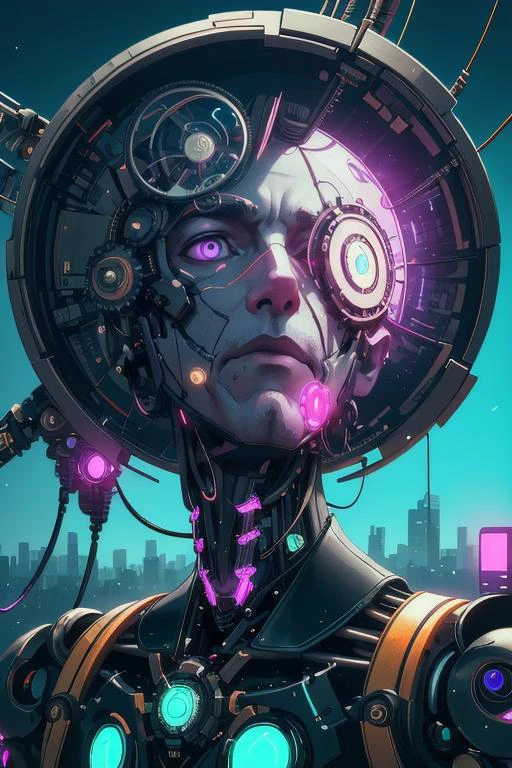 best quality,masterpiece,(1man, old male:1.2), wise, purple eyes, graying hair, short beard, portrait, solo, upper body, looking up, detailed background, detailed face, (<lora:FragRealityTech:0.6>, fragrealitytech theme:1.1), android, mechanical limbs, wires, cables, head tilted, artificial intellgience, digital implants, nanotechnology, robotics, gears, powered by magic, particle effects, flashing black lights, bioluminescent parts, reflections, neon colors, futuristic cityscape in background, cinematic atmosphere,,