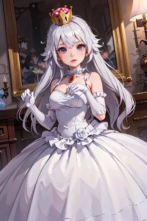 (masterpiece, best quality), 1girl, <lora:Boosette_Mario_Anime:1> Boosette_Mario, 1girl, long hair, white hair, long white dress, ballroom dress, white gloves,