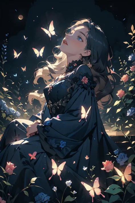 highres, masterpiece, perfect lighting, bloom, cinematic lighting, young adult, female, 1girl, moon light, solo, Brass hair, long hair, nature, (Dark blue dress:1.3), colorful Cranberry flowers, (flowers:1.2), butterfly style, wide sleeves, wide skirt, (Rose butterfly:1.2),
<lora:butterfly:0.75>, full shot, Sitting on a staircase, looking upward