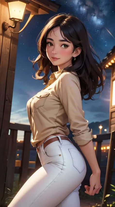 (masterpiece, best quality, hires, high resolution:1.2), (extremely detailed, realistic, intricate details, highres), 1girl, solo, looking at viewer, black hair, Layered Curls, (brown eyes:1.2), light smile, blush, (small breasts, thick thighs, wide hips), wearing Denim Shirt and White Pants, crossing ankles, under a starry sky, (twightlight, cinematic lighting, perfect lighting), from side,