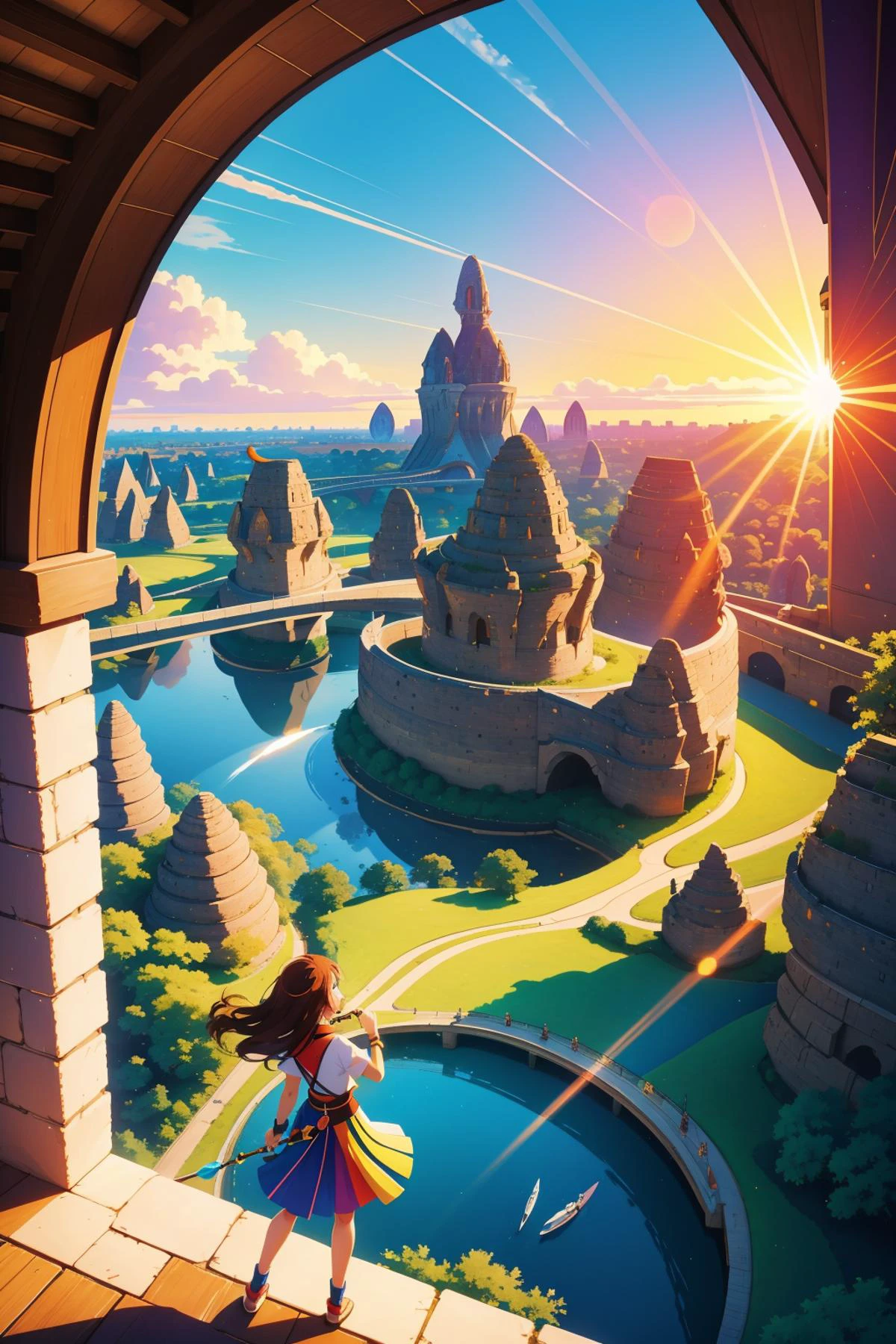 1girl, (fantasy art stylized by Stephanie Pui-Mun Law:0.7) and (Heinrich Campendonk:0.9) and (Marc Brunet:1.0) , colorful Oil painting, behance, Rule of Thirds, landscape of a Annoyed Cromulent ([The Chocolate Hills|Glasgow]:1.3) from inside of The Sydney Opera House, lush mountains and pond, at Sunset, Anime screencap, Happy, Art Brut, Sunlight, Circular polarizer, Colorful, Liminal dream, Dota style, dslr, adobe lightroom