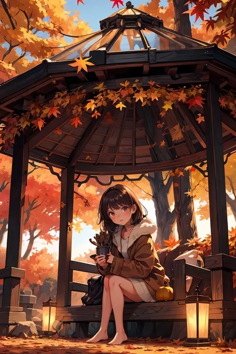 (masterpiece, best quality), 1girl, Cozy Autumn themed Gazebo, beautiful lighting, Autumn, picturesque, high contrast, fall decor, Autumn elements, <lora:add_detail:0.8>