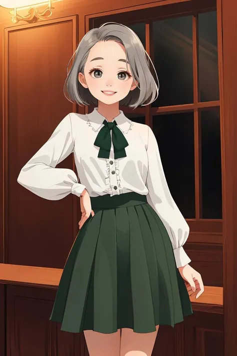 female Young adult, Robust, Russian, Gray eyes, Straight Nose, Unique Cheeks, High Forehead, Diamond face shape, , Green Choppy haircut hair, Smile wearing Patchwork Pleated skirt, Ruffle sleeve blouse, , , and, Standing with hands in front, suggesting submission