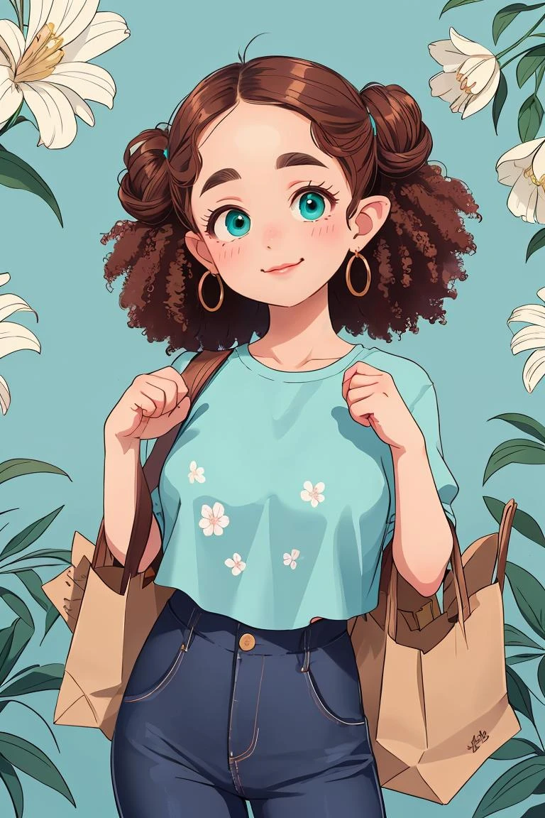 female Teenager, Tall, Afro-Caribbean, Turquoise eyes, Pointed Ears, Straight Nose, Round Chin, Square Jaw, Full Cheeks, Straight Forehead, Square face shape with Round Forehead, , Light Chestnut Wispy bangs hair, Gratitude wearing Floral Paperbag waist pants, Tied sleeve blouse, , Bandana, and, One hand raised, signaling a question