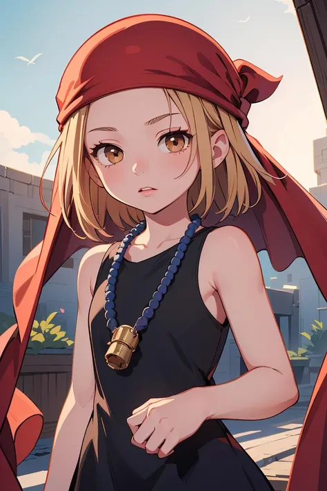 (masterpiece, best quality), 1girls, beautiful face, <lora:annakyouyama-lora-nochekaiser:1> anna kyouyama, blonde hair, short hair, (brown eyes:1.5), bandana, beads, black dress, dress, prayer beads,