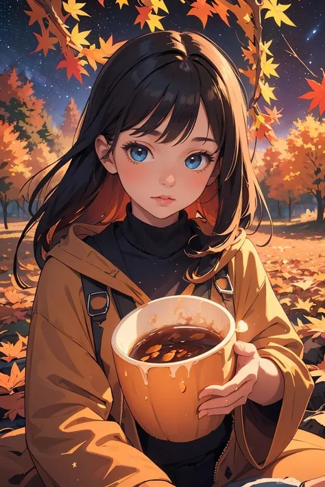 (masterpiece, best quality), 1girl, Cozy Autumn themed Galaxy, flowing, swirling Autumn colors, high contrast, bright stars, Autumn galaxy, fall decor, Autumn elements