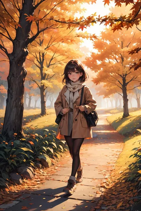 (masterpiece, best quality), 1girl, Cozy Autumn themed Walk, nature walk, Autumn day, flora, beautiful lighting, Autumn colors, Autumn elements, <lora:add_detail:0.8>