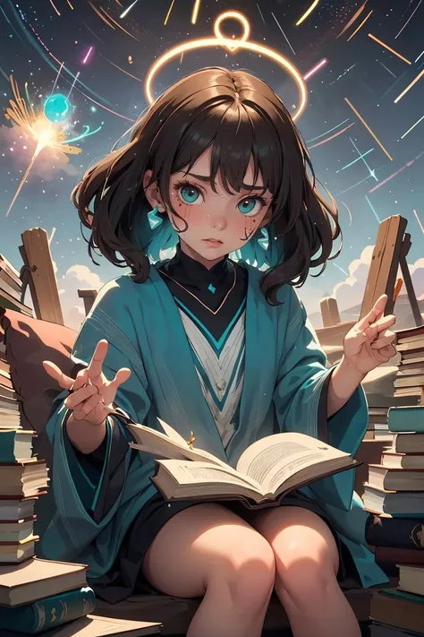 (masterpiece, best quality), female , Senior, Taut, Gypsies, Dark brown eyes,   Protruding Chin with Cleft,    Heart face shape, Unique Body Art, Birthmarks, Brown Boho waves hair, Nervousness, Astral Projection, Leaning backward, projecting consciousness,  Wizard, (Flowing,Enlivening,Dotted lines,Zigzag lines,meteor shower,Amorphous,Dodecahedron,Teal  magic:1.3) Enchantment , Seated, surrounded by books and scrolls, deep in thought, Radiant Halo, Crystal Luminance, A hidden underground library, filled with dusty books and forgotten knowledge