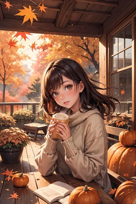 (masterpiece, best quality), 1girl, Cozy Autumn themed Deck, harmonious Autumn colors, inspired by home decor magazines, fall decor, Autumn elements, <lora:add_detail:0.8>