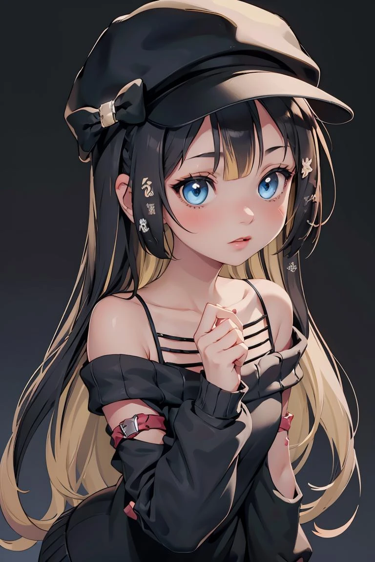 (masterpiece, best quality), 1girl, <lora:nito_wai:1> nito wai, long hair, cabbie hat, off shoulder, black sweater, long sleeves, hat bow