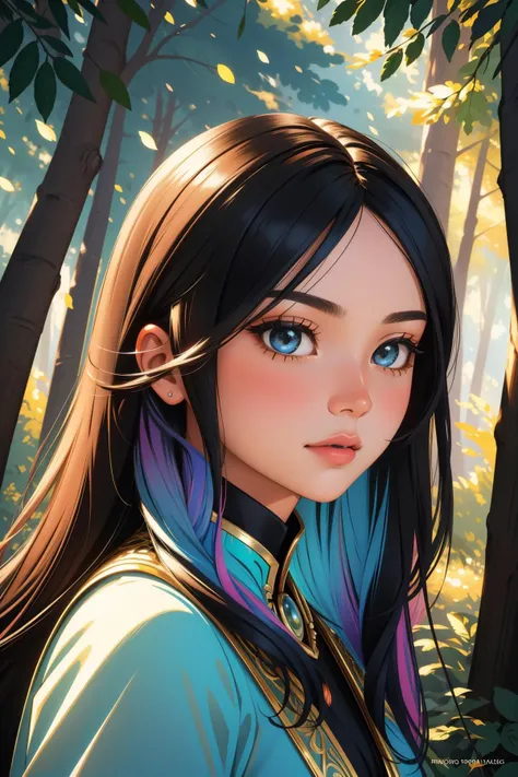 1girl, vibrant Chalk painting, Iridescent woods with Sequoia, majestic, medium shot of a Sultans Fantasy ("The Face of Excellence":1.3) , Smoky Conditions, horizon-centered, (dark art stylized by Harald Sohlberg:1.0) , Graphic novel, Shameful, Photorealism, natural lighting, Selective focus, Kinemacolor, alluring, gilded technique, dslr, Pixabay