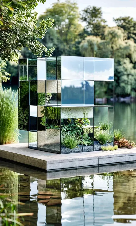 cube impression, architectural, building, house, design mockup, detailed background, lake, creative project, no people, modern architecture,  precision, depth of field, natural light, glass, rellection, water, plants, complex construction,<lora:cube_XL:0.8>