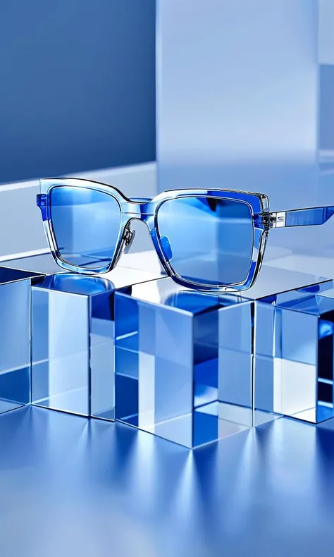 cube impression, sunglasses, reflective surface, close-up, high-resolution, blue tone, fashion accessory, metallic texture, geometric shapes, modern design, shiny, 3D rendering, abstract background, luxury, crystal-like structures, transparency, sleek, elegant, clear image quality, studio lighting, no people,<lora:cube_XL:0.8>