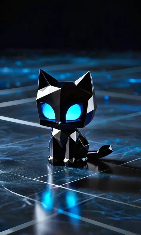 cube impression, black cat figure, geometric design, stylized, glowing blue eyes, dark background, smoky atmosphere, shiny surface, foreground focus, animated character, 3D rendering, mysterious ambiance, crystal-like texture, digital art, reflective floor, dark tones, contrast, minimalist..,<lora:cube_XL:0.8>