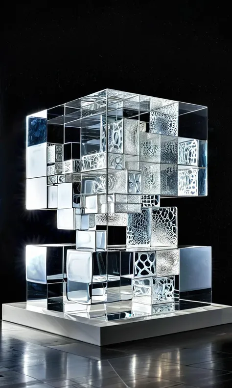 cube impression, abstract sculpture, glass, transparent, etched, layered, 3D, intricate design, modern art, reflective surface, cube shape, patterns, no people, indoor, black background, spotlight, artistic, translucent material, geometric shapes, art installation,<lora:cube_XL:0.8>