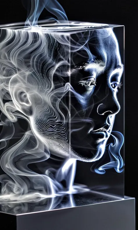 cube impression, 3D laser engraved crystal, human face in cube, smoke effect, translucent, close-up, headshot, serene expression, ambient lighting, dark background, reflective surface, display art, modern, detailed texture, grayscale color palette, subtle shadows, side profile..,<lora:cube_XL:0.8>