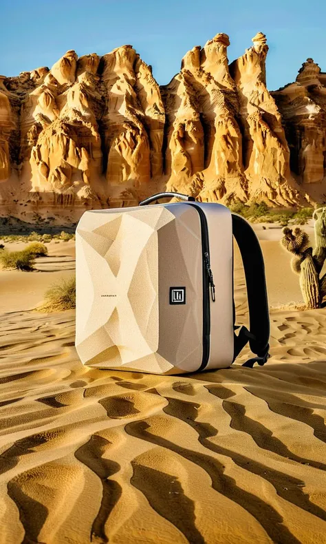 cube impression, cubes, backpack, outdoor, desert, rock formations, sand, textured,,<lora:cube_XL:0.8>