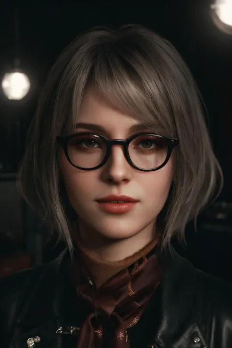 (agrh woman:1.0),   <lora:AshleyGrahamRE4Dogu_agrh woman:0.8> 3D, photorealistic
 bad chick, wearing black eyeglasses, 24mm, cinematic, attractive, provocative