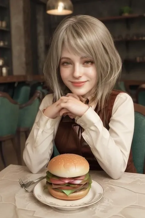 (portrait photo) of (agrh woman:1.0),   <lora:AshleyGrahamRE4Dogu_agrh woman:1> 3D, photorealistic
sitting by the table, at a restaurant, burger on a plate, looking at camera, smiling