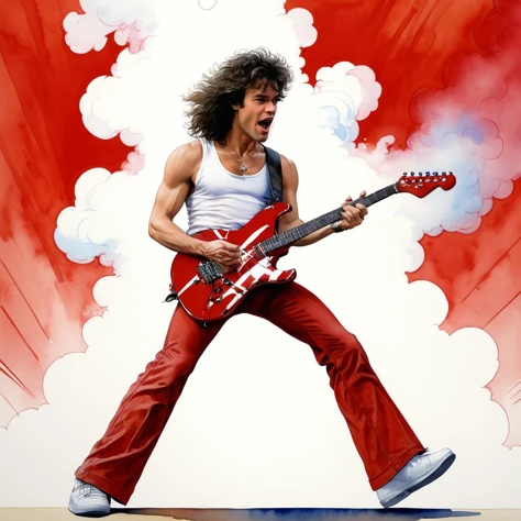 Stylized, high-quality 4k hd watercolors flat-colors cartoon artwork in jmst artstyle of <lora:EVH_SDXL:0.8> zvanhalen, white tank top, red pants, striped guitar, running, jumping, (multi color smoke background) background, by moebius, masterpiece, best quality, intricate, highly detailed:1.1, watercolors, drawing, Jean Giraud