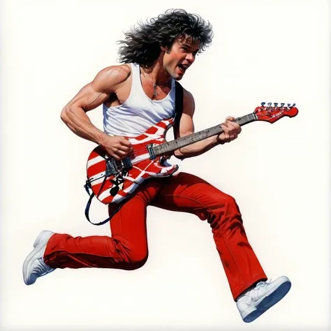 Stylized, high-quality 4k hd watercolors flat-colors cartoon artwork in jmst artstyle of <lora:EVH_SDXL:0.8> zvanhalen, white tank top, red pants, striped guitar, running, jumping, abstract black and white striped background, by moebius, masterpiece, best quality, intricate, highly detailed:1.1, watercolors, drawing, Jean Giraud
