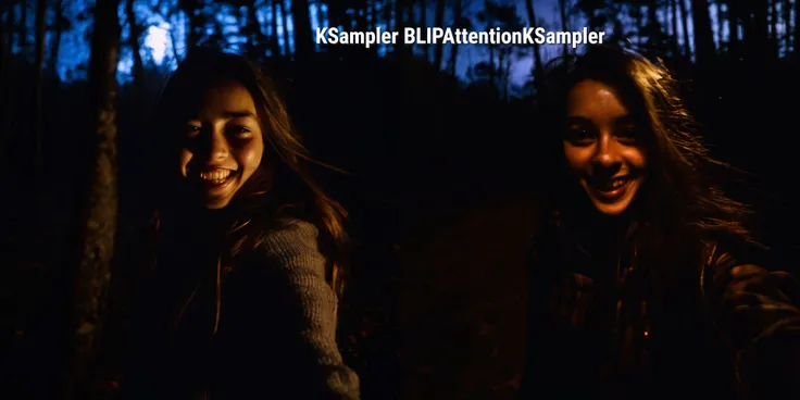 girl at night in the wood, selfie, laughing, night, very dark, photography, grainy, motion blur, blurry, walking