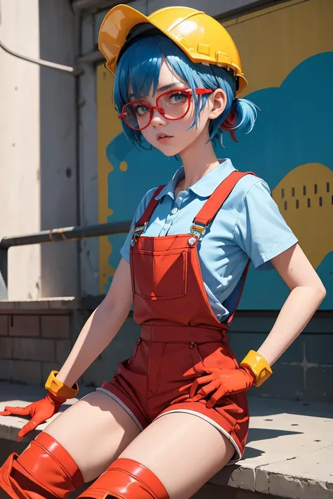 (masterpiece, best quality), 1girl, <lora:Jacky_BrawlStars-10:1> jackyBS, 1girl, blue hair, short hair, short twintails, hardhat, yellow headwear, red headphones, tinted eyewear, blue shirt, short sleeves, suspenders, red overalls, red shorts, red gloves, blue boots