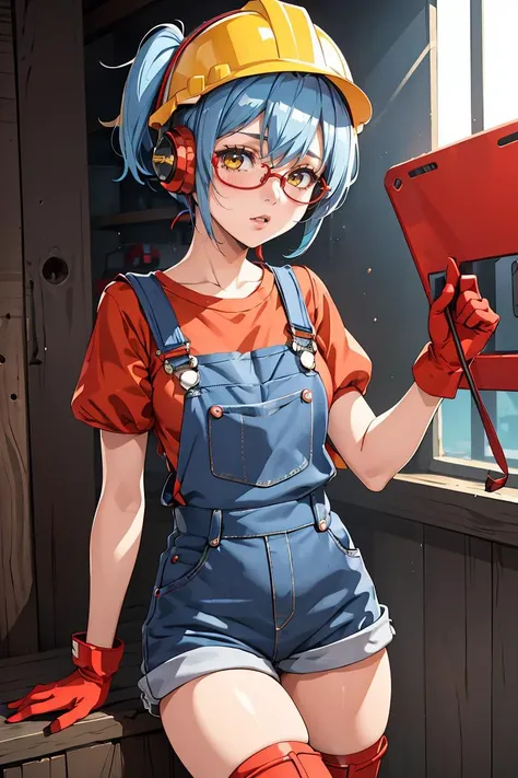 (masterpiece, best quality), 1girl, <lora:Jacky_BrawlStars-10:1> jackyBS, 1girl, blue hair, short hair, short twintails, hardhat, yellow headwear, red headphones, tinted eyewear, blue shirt, short sleeves, suspenders, red overalls, red shorts, red gloves, blue boots