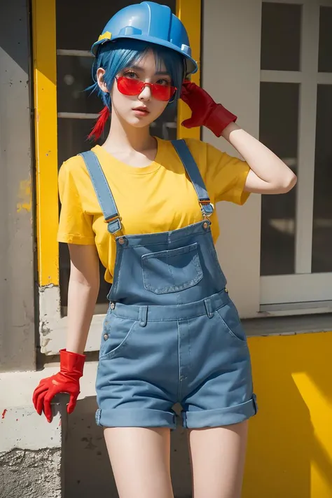 (masterpiece, best quality), 1girl, <lora:Jacky_BrawlStars-10:1> jackyBS, 1girl, blue hair, short hair, short twintails, hardhat, yellow headwear, red headphones, tinted eyewear, blue shirt, short sleeves, suspenders, red overalls, red shorts, red gloves, blue boots