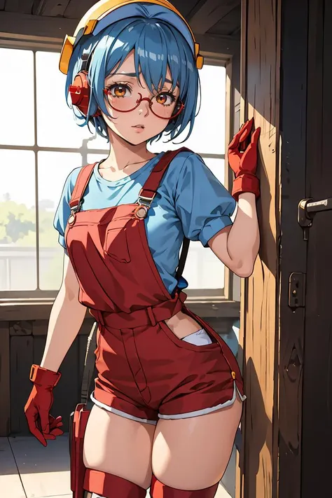 (masterpiece, best quality), 1girl, <lora:Jacky_BrawlStars-10:1> jackyBS, 1girl, blue hair, short hair, short twintails, hardhat, yellow headwear, red headphones, tinted eyewear, blue shirt, short sleeves, suspenders, red overalls, red shorts, red gloves, blue boots