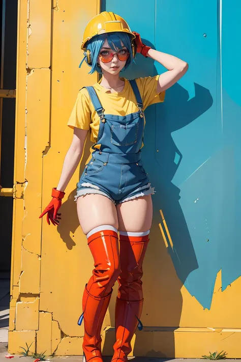 (masterpiece, best quality), 1girl, <lora:Jacky_BrawlStars-10:1> jackyBS, 1girl, blue hair, short hair, short twintails, hardhat, yellow headwear, red headphones, tinted eyewear, blue shirt, short sleeves, suspenders, red overalls, red shorts, red gloves, blue boots