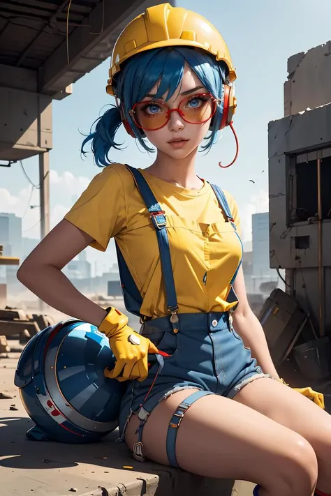 (masterpiece, best quality), 1girl, <lora:Jacky_BrawlStars-10:1> jackyBS, 1girl, blue hair, short hair, short twintails, hardhat, yellow headwear, red headphones, tinted eyewear, blue shirt, short sleeves, suspenders, red overalls, red shorts, red gloves, blue boots
