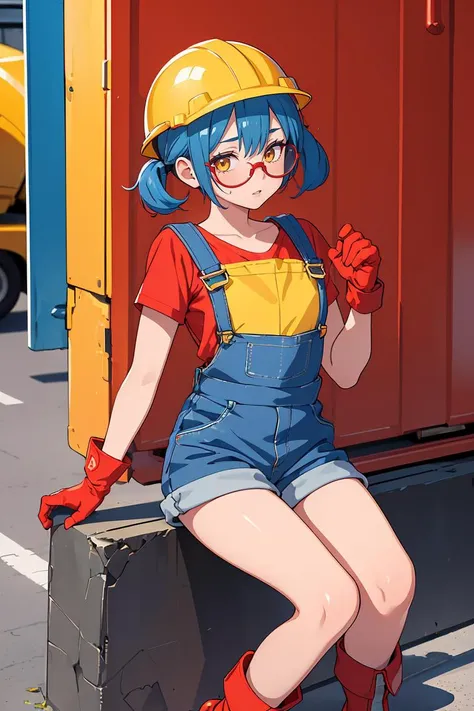 (masterpiece, best quality), 1girl, <lora:Jacky_BrawlStars-10:1> jackyBS, 1girl, blue hair, short hair, short twintails, hardhat, yellow headwear, red headphones, tinted eyewear, blue shirt, short sleeves, suspenders, red overalls, red shorts, red gloves, blue boots