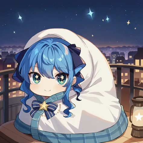 score_9, score_8_up, score_7_up, source_anime,
1girl, comfyblanket, chibi, blanket, star in eye, smile,
lanr, blue hair, starry sky, night, milky way, city lights, hair ribbon, (plaid:1.1), ribbon,
<lora:concept_comfyblanket-pony-rls:1>