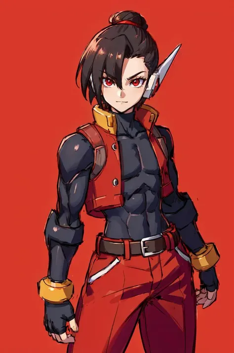 <lora:reploidv2_merge2:1> android, reploid, mega_man_zero, mega_man_zx,
ultra detailed, masterpiece, best quality, black and red theme,
solo,
cowboy shot,
facing viewer,
soft smile, light smile,
1boy, red eyes, <lora:Tsurime3:1>, (tsurime:1.2), black hair, undercut, top knot, parted bangs, long bangs, short hair, tall, hair intakes,
, coat on shoulders, dress shirt, sleeves rolled up, fingerless gloves, holster, pants, belt, multiple belts, combat boots, bulletproof vest, black and red clothes,