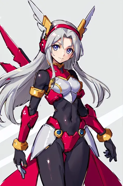<lora:reploidv2_merge2:1> android, reploid, mega_man_zero, mega_man_zx,
ultra detailed, masterpiece, best quality, grey and white theme, pink hues, pink hue, pink ascents,
solo,
cowboy shot,
facing viewer,
soft smile, light smile,
1girl, (grey eyes:1.35), white hair, very long hair, parted hair, parted bangs, <lora:parted_hair_v1.3:1.3>, medium breasts,
(valkyrie:1.35), (bodysuit:1.1), wing hair ornament, armored skirt, black bodysuit, armor, gauntlets, breastplate, greaves, (armored dress:1.2), skirt,
