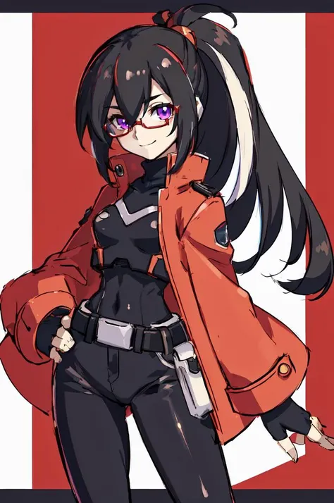 <lora:reploidv2_merge2:1> android, reploid, mega_man_zero, mega_man_zx,
ultra detailed, masterpiece, best quality,
solo,
cowboy shot,
facing viewer,
soft smile, light smile,
1girl, (black hair, red colored tips:1.5), very long hair, (side ponytail:1.3), purple eyes, red-framed eyewear, tied hair, medium breasts, red streaked hair, (red colored tips:1.3),
, coat on shoulders, dress shirt, sleeves rolled up, fingerless gloves, holster, belt, multiple belts, combat boots, bulletproof vest, pants,