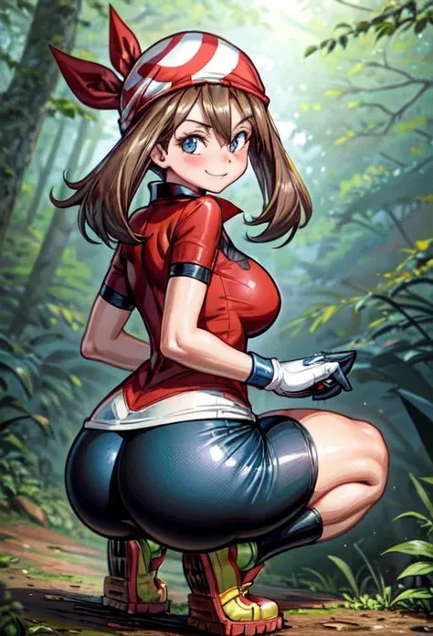 ((from behind)),MAY-RS, BROWN HAIR, BLUE EYES, BANDANA, COLLARED SHIRT,  GLOVES, BIKE SHORTS, medium breasts, curvaceous, ass, forest scenery, smile, blush ,<lora:add_detail:1>, <lora:may-RS_V8:1>,crouching girl  ,from above, from side, looking back, looking at viewer,